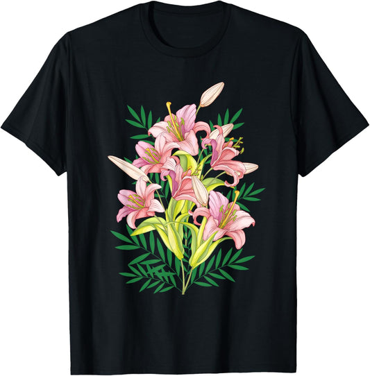 Variety of Lillies Graphic Flower Print Flowered T-Shirt - T-Shirt | Black