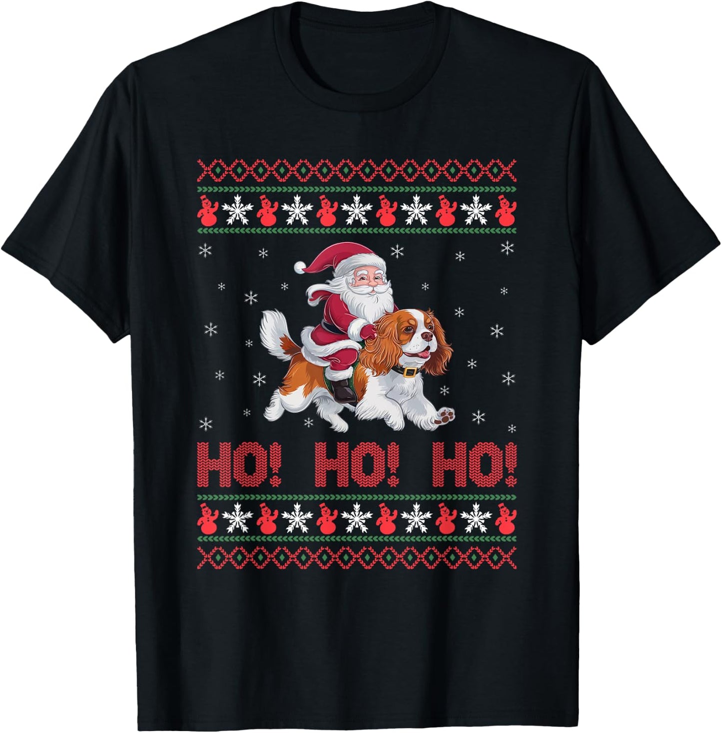 Ho Ho Ho Santa Riding Cavalier King Charles Spaniel Dog Xmas T-Shirt - T-Shirt | Black