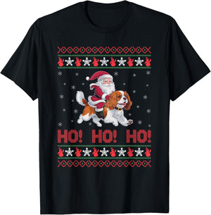 Ho Ho Ho Santa Riding Cavalier King Charles Spaniel Dog Xmas T-Shirt - T-Shirt | Black