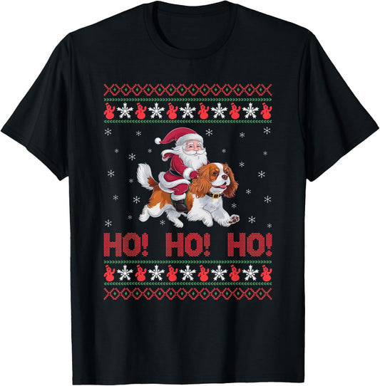Ho Ho Ho Santa Riding Cavalier King Charles Spaniel Dog Xmas T-Shirt - T-Shirt | Black