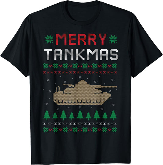 Merry Tankmas Battle Tank War Tank Ugly Christmas Sweater T-Shirt - T-Shirt | Black