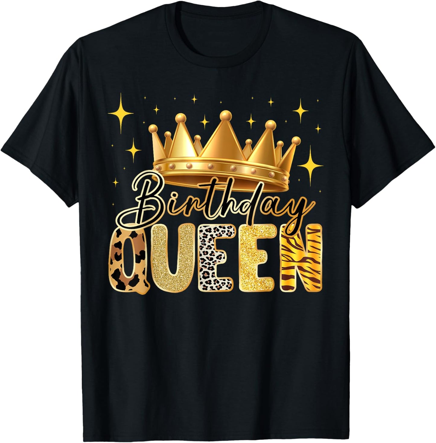 Birthday Queen Animal Print Style with Crown and Stars T-Shirt - T-Shirt | Black