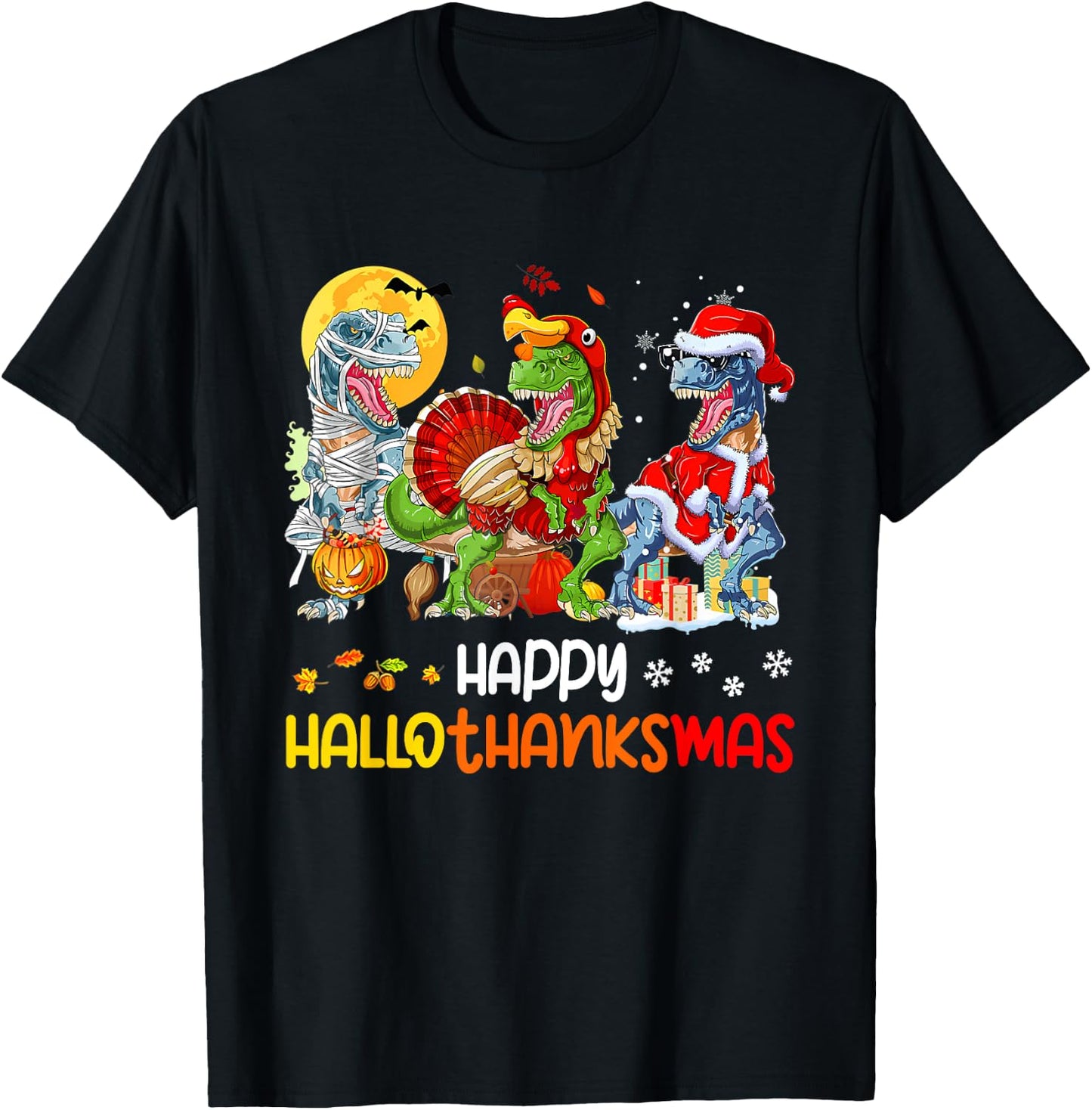 Happy Hallothanksmas Thanksgiving Dinosaur T Rex Turkey T-Shirt - T-Shirt | Black