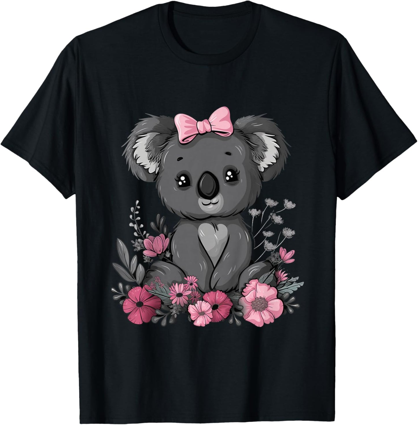 Koala Cute Kawaii Koala Bear Pink Bow Flowers Girls Kids T-Shirt - T-Shirt | Black