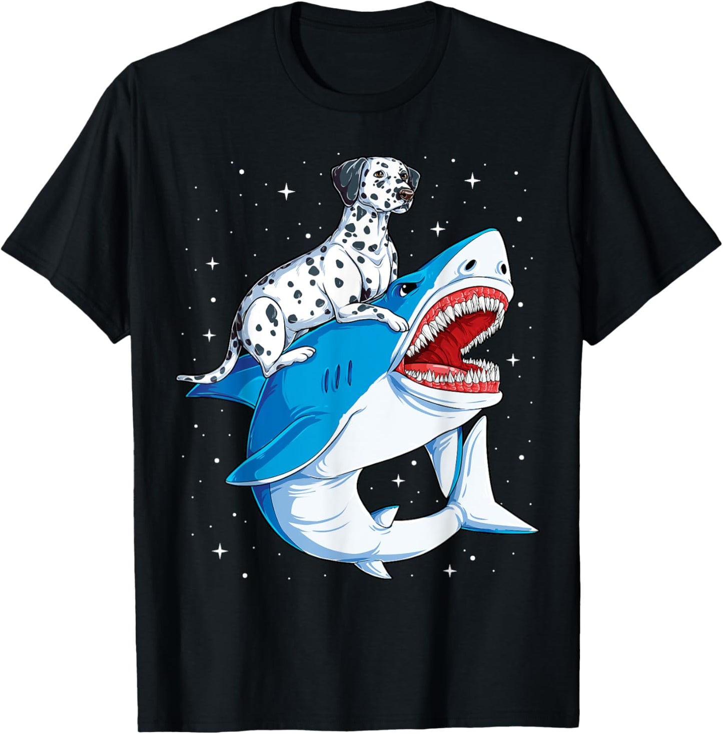 Dalmatian Riding Shark Jawsome Dog Lover Gifts Space Galaxy T-Shirt - T-Shirt | Black