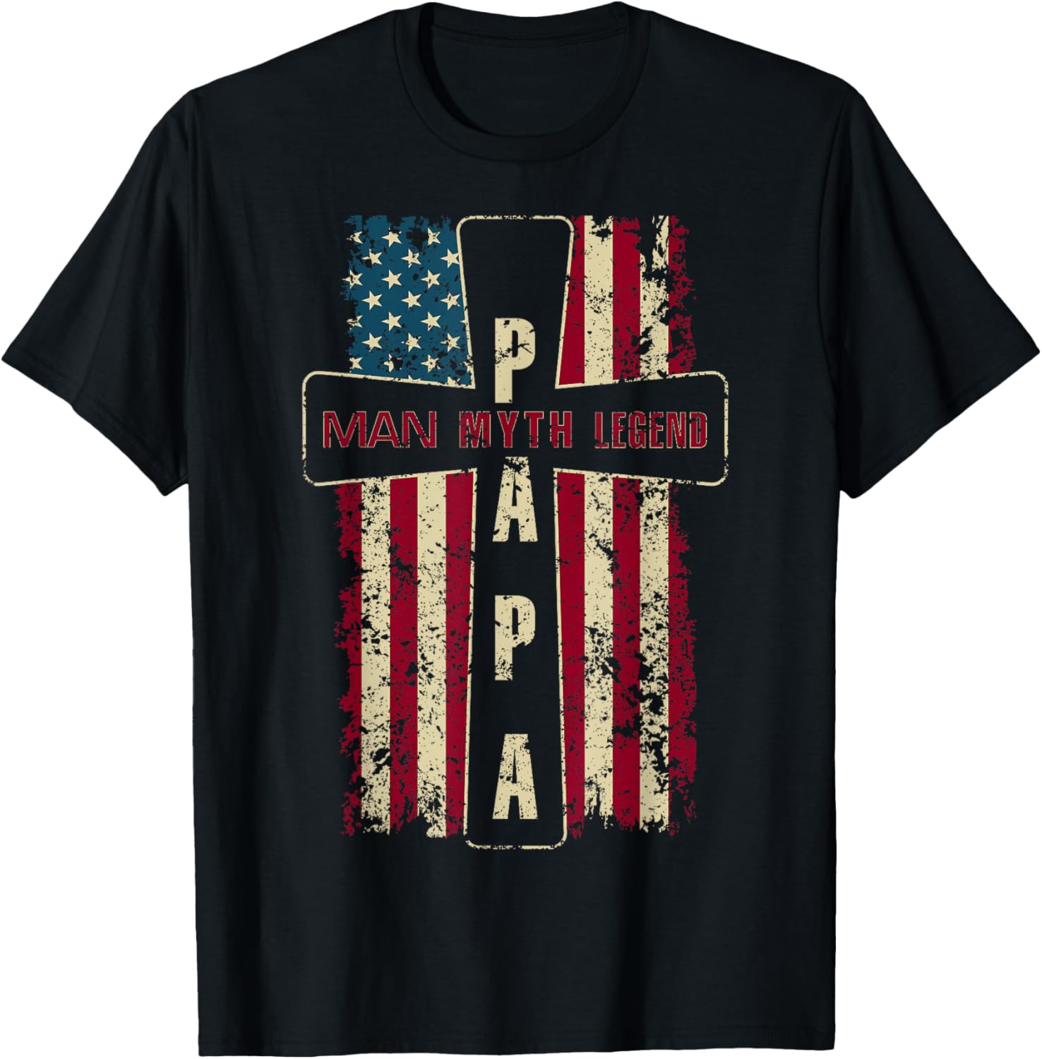 Papa Man Myth Legend USA American Flag Christian Cross T-Shirt - T-Shirt | Black