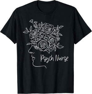 Floral Psych RN Psychiatric Nurse Week Mental Health Nursing T-Shirt - T-Shirt | Black