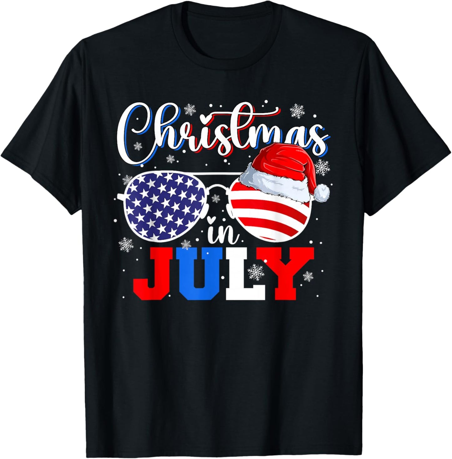 Christmas in July Santa Hat Sunglasses USA Flag 4th of July T-Shirt - T-Shirt | Black
