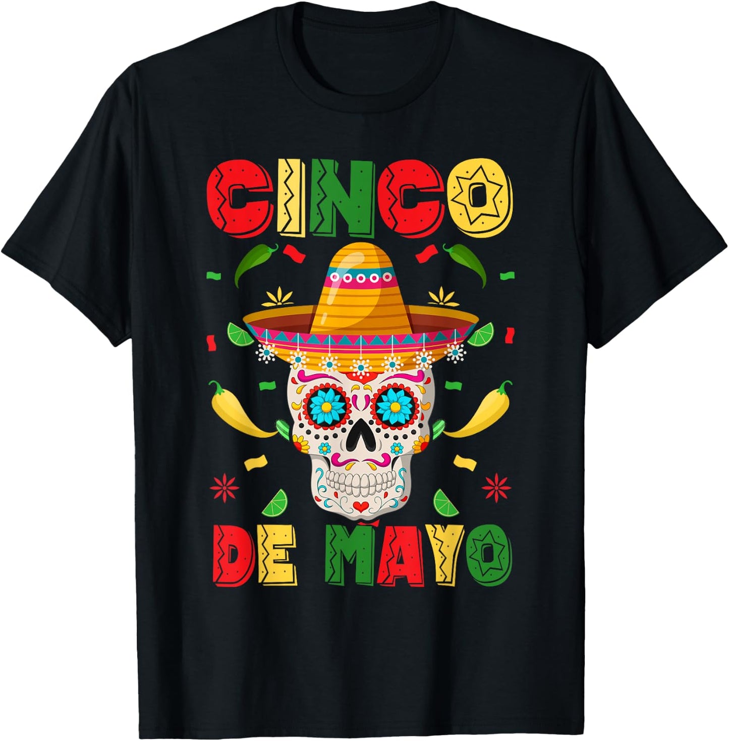 Cinco De Mayo Party Sugar Skull Men Women Mexican Fiesta T-Shirt - T-Shirt | Black