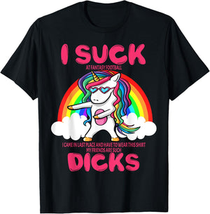 I Suck Dicks Fantasy Football Loser Trophy Unicorn Rainbow T-Shirt - T-Shirt | Black