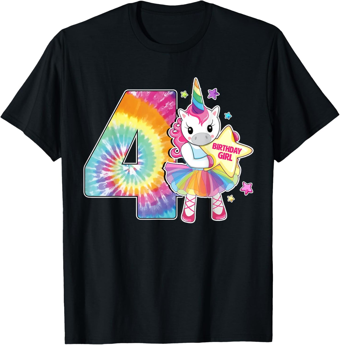 4th Birthday Unicorn Shirt Gift Girls Age 4 Tie Dye T-Shirt - T-Shirt | Black