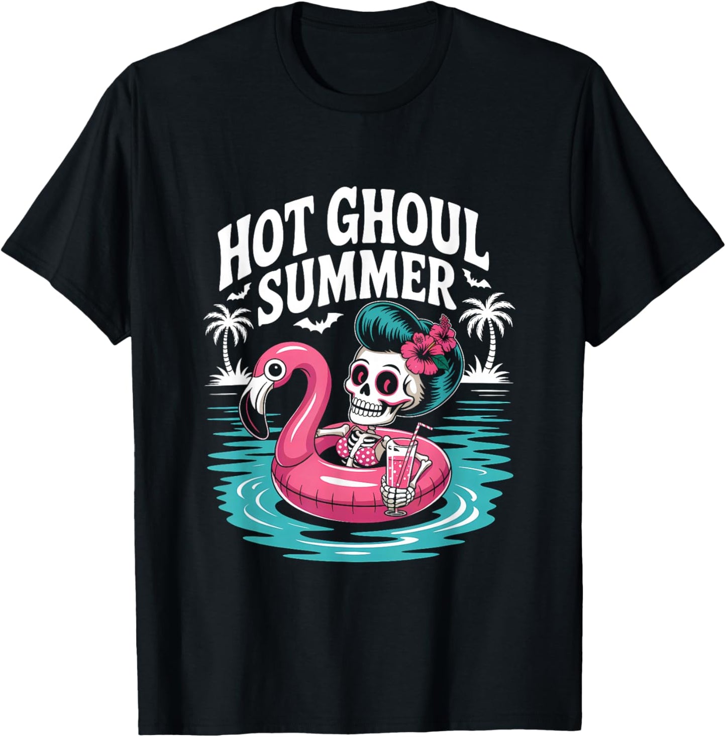Hot Ghoul Summer Funny Cute Skeleton Flamingo Pool Party T-Shirt - T-Shirt | Black