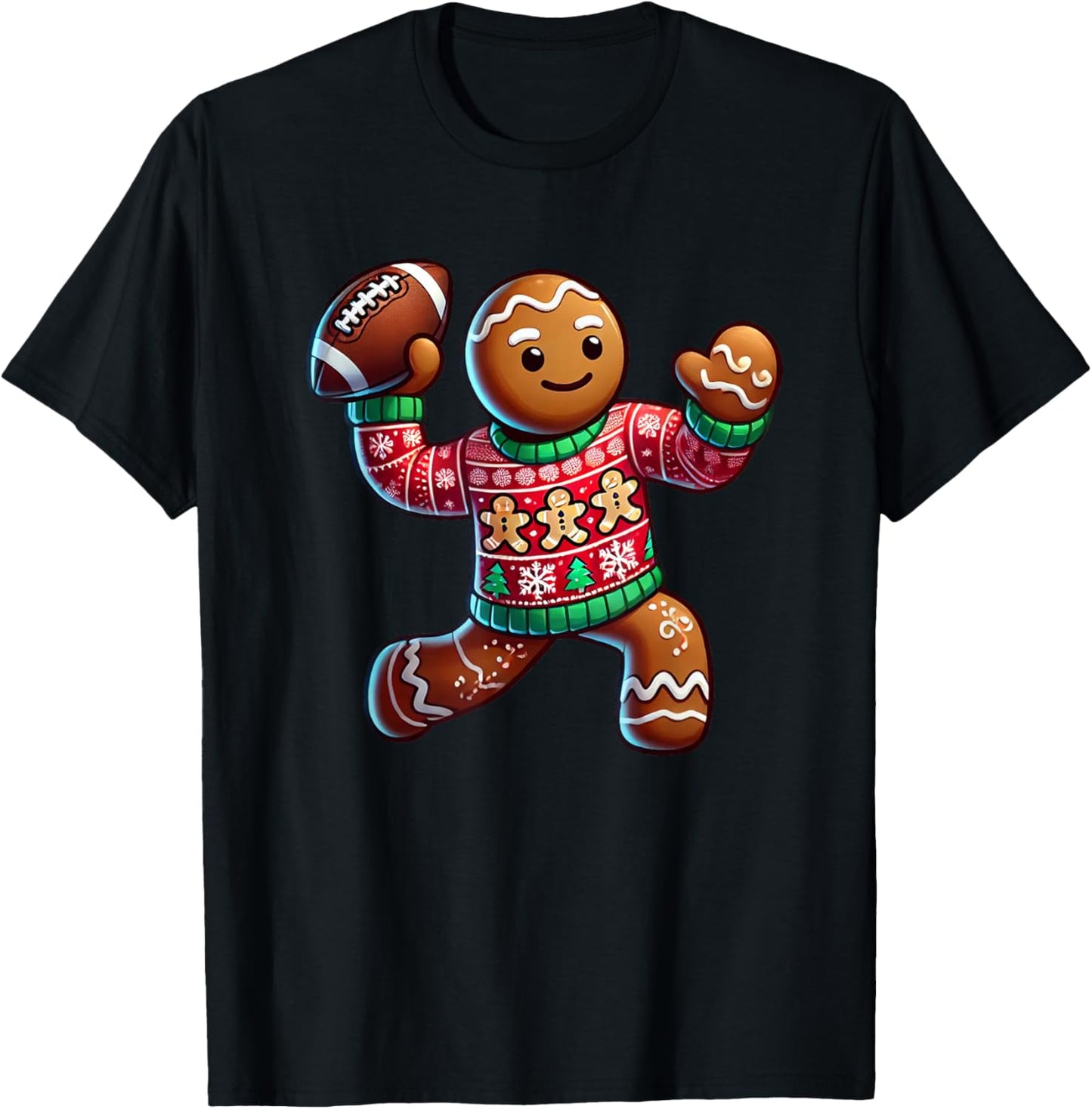Football Christmas Gingerbread Man Football Ugly Christmas T-Shirt - T-Shirt | Black