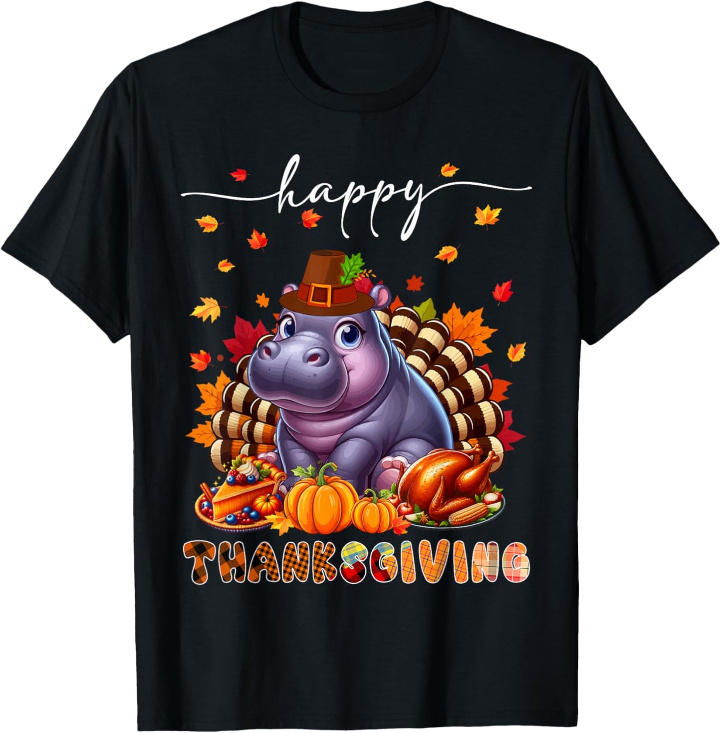 Happy Thanksgiving Hippo Costume Turkey Fall Leaves Food T-Shirt - T-Shirt | Black