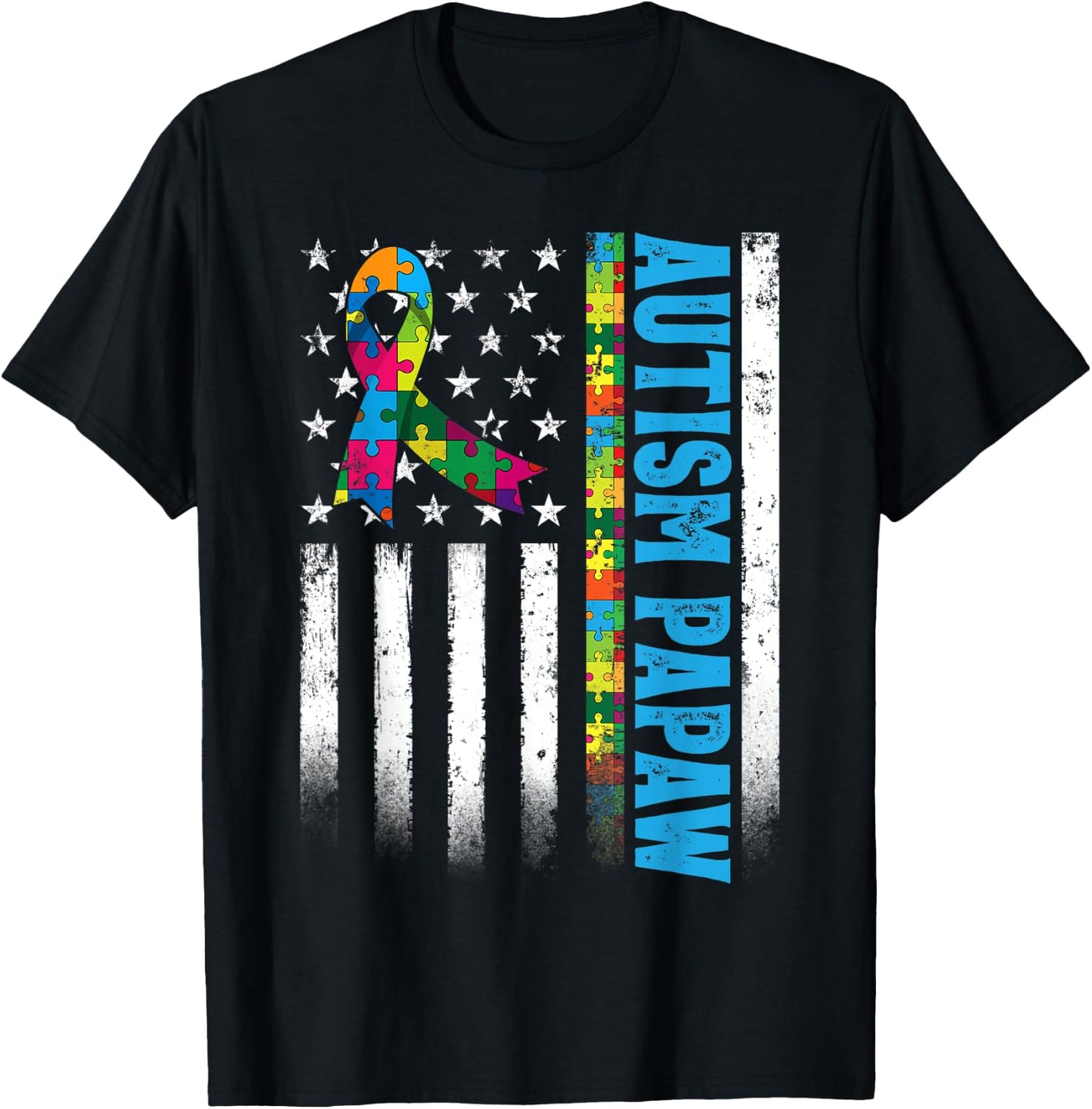 Retro American Flag Autism Papaw Awareness Autistic T-Shirt - T-Shirt | Black