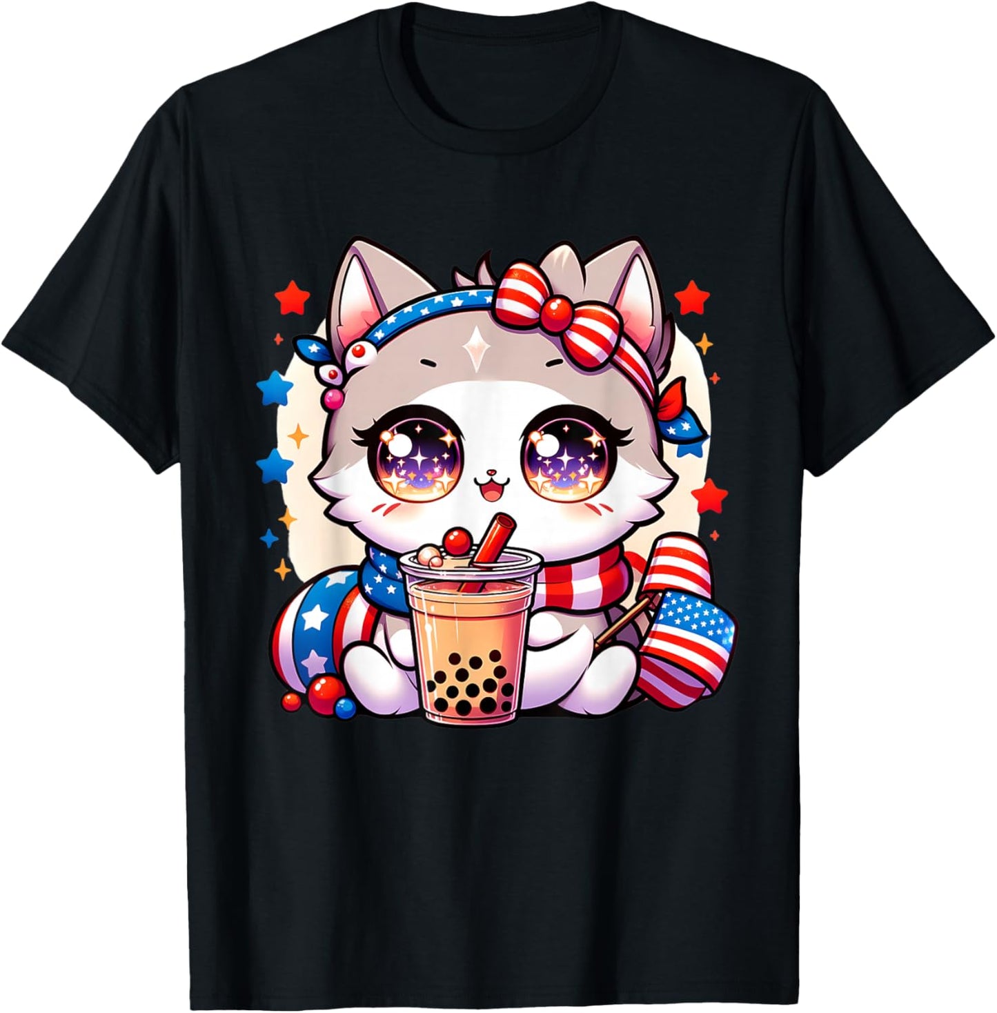 Cute 4th of July Cat Shirt Girls Kawaii Anime Boba Tea USA T-Shirt - T-Shirt | Black