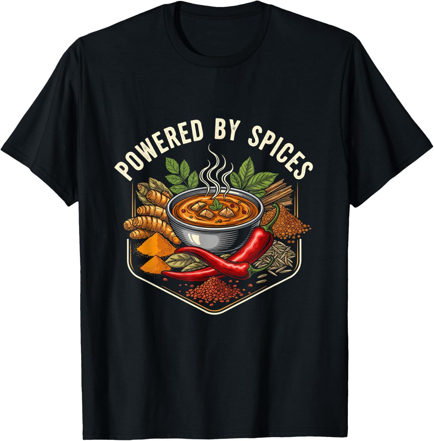 Powered by Spices Funny Curry Lover Asian Food Fan T-Shirt - T-Shirt | Black