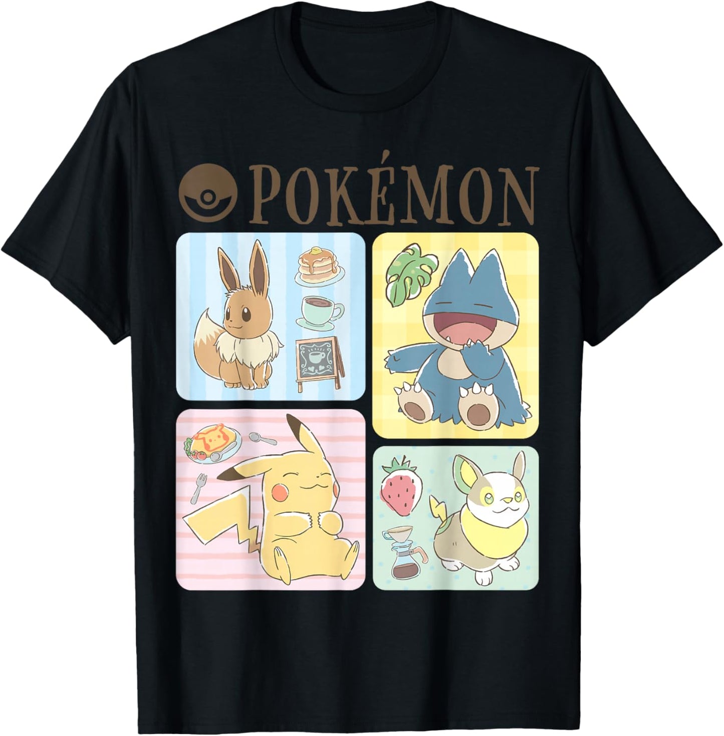 Pokémon - Pikachu Eevee Munchlax Yamper Cafe Group T-Shirt - T-Shirt | Black