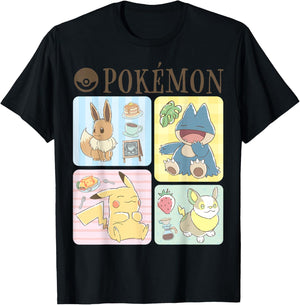 Pokémon - Pikachu Eevee Munchlax Yamper Cafe Group T-Shirt - T-Shirt | Black