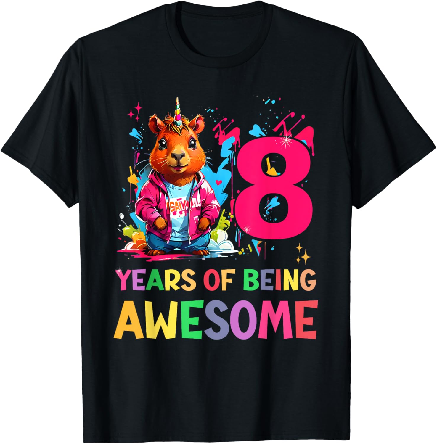 awesome capybara cappy birthday 8 year old Girls 8th B-day T-Shirt - T-Shirt | Black