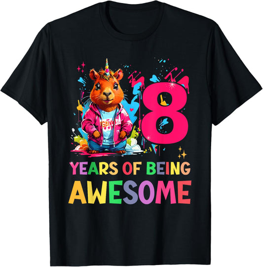 awesome capybara cappy birthday 8 year old Girls 8th B-day T-Shirt - T-Shirt | Black
