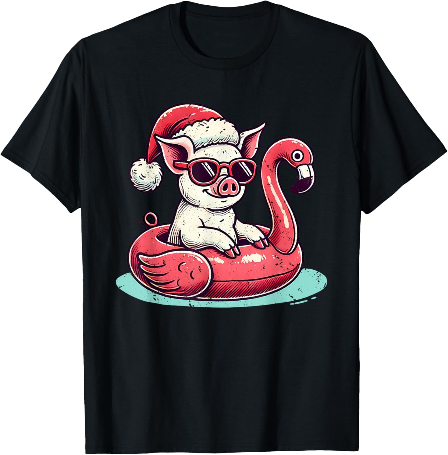 Funny Christmas in July Pig Mom Santa Flamingo Floatie T-Shirt - T-Shirt | Black
