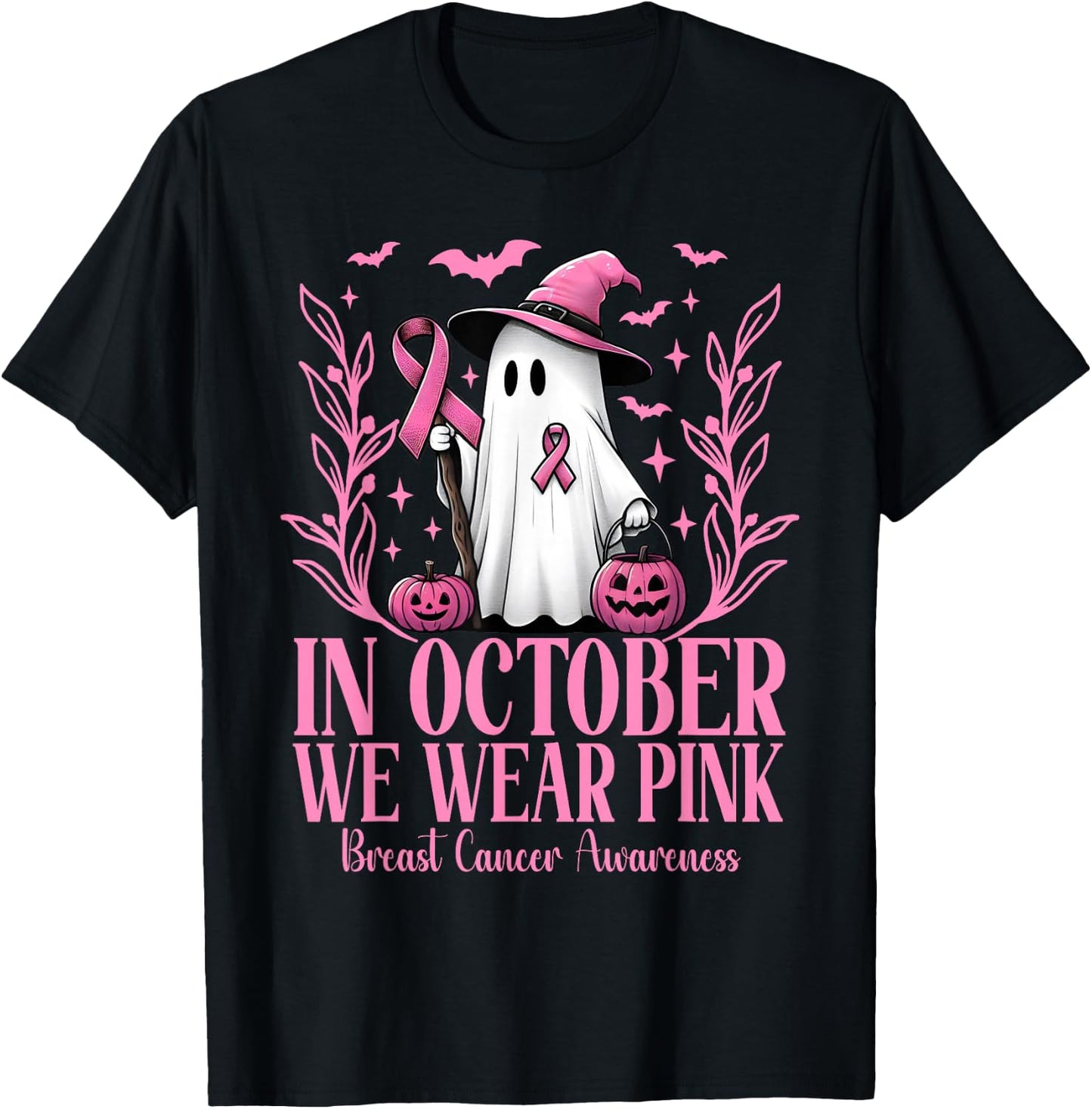 In October We Wear Pink Breast Cancer Witch Ghost Halloween T-Shirt - T-Shirt | Black