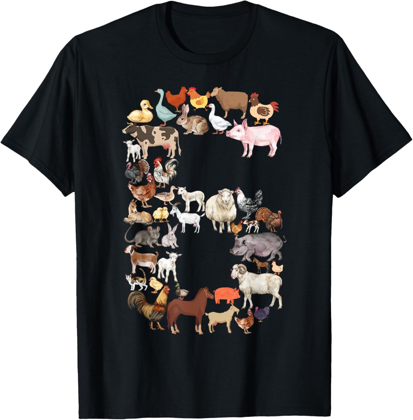 Fun 6th Birthday Farm Animals Theme Boy Kids 6 Year Old Bday T-Shirt - T-Shirt | Black