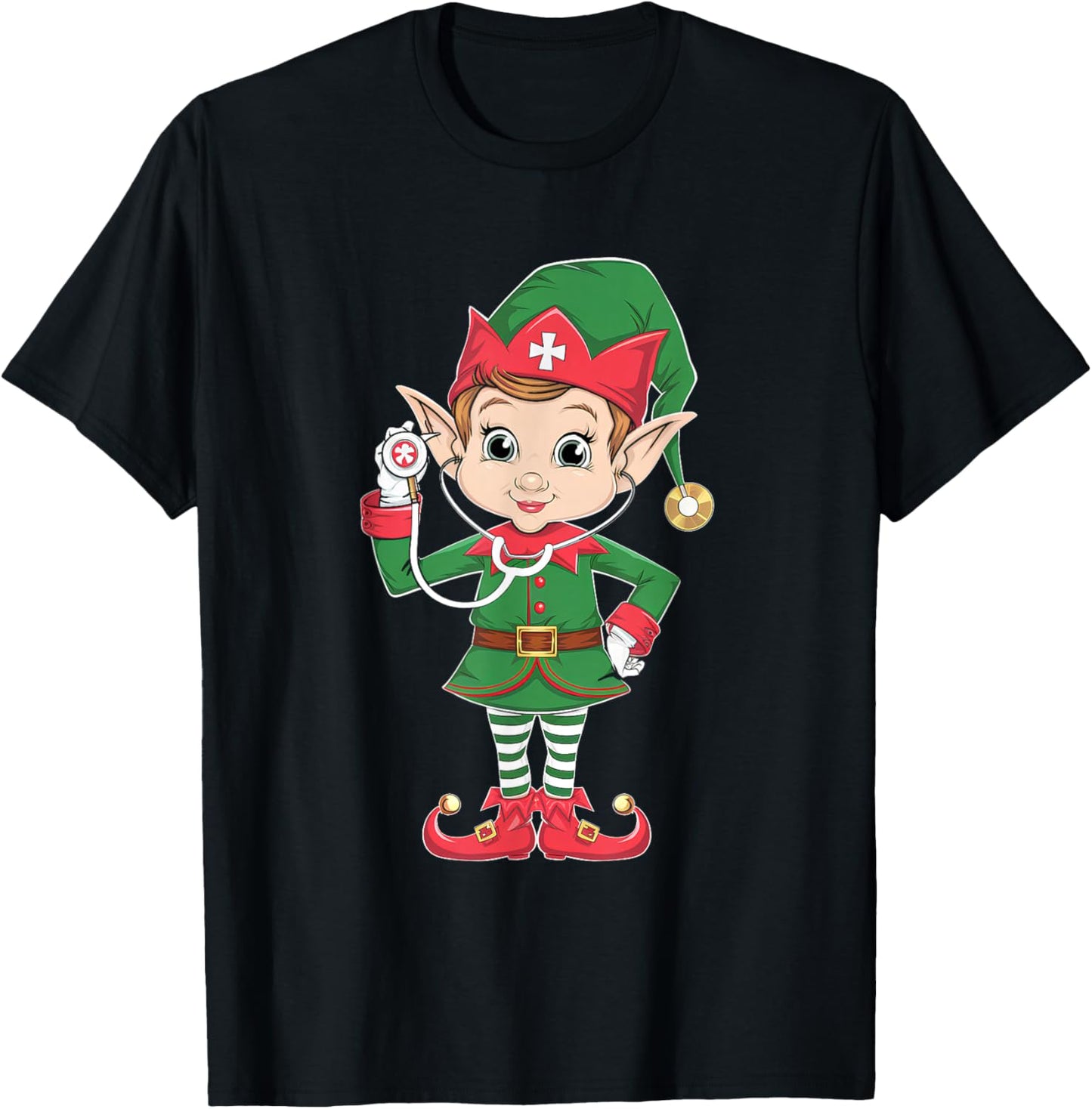 Cute Elf Nurse Scrub Tops Christmas Stethoscope Nursing Girl T-Shirt - T-Shirt | Black