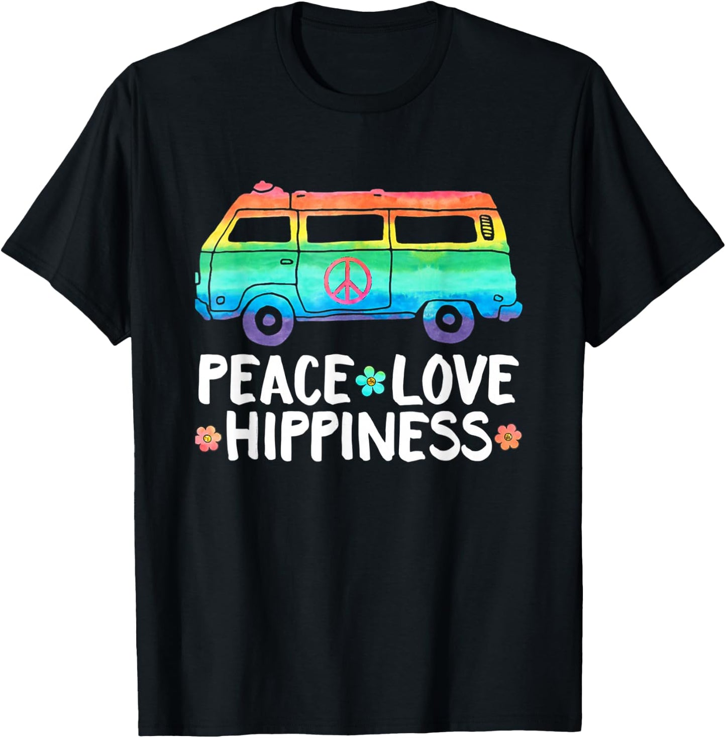 Peace Love Hippiness Rainbow Peace Symbol Flowers T-Shirt - T-Shirt | Black
