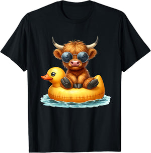 Cute Highland Cow Duck Pool Float Summer Vibes Swimming T-Shirt - T-Shirt | Black