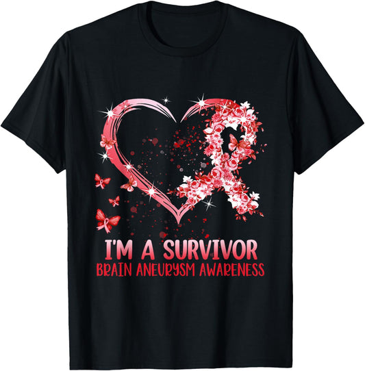 I'm A Survivor Brain Aneurysm Awareness Burgundy Heart T-Shirt - T-Shirt | Black