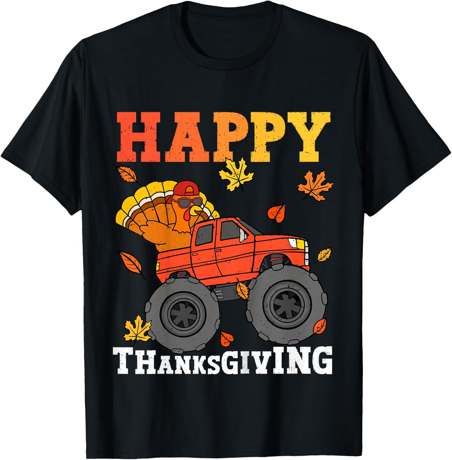 Kids Monster Truck Turkey Happy Thanksgiving Kids Toddler Boys T-Shirt - T-Shirt | Black