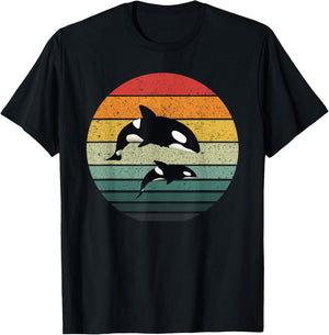 Orca Family Vintage Retro Art, Killer Whale Family T-Shirt - T-Shirt | Black