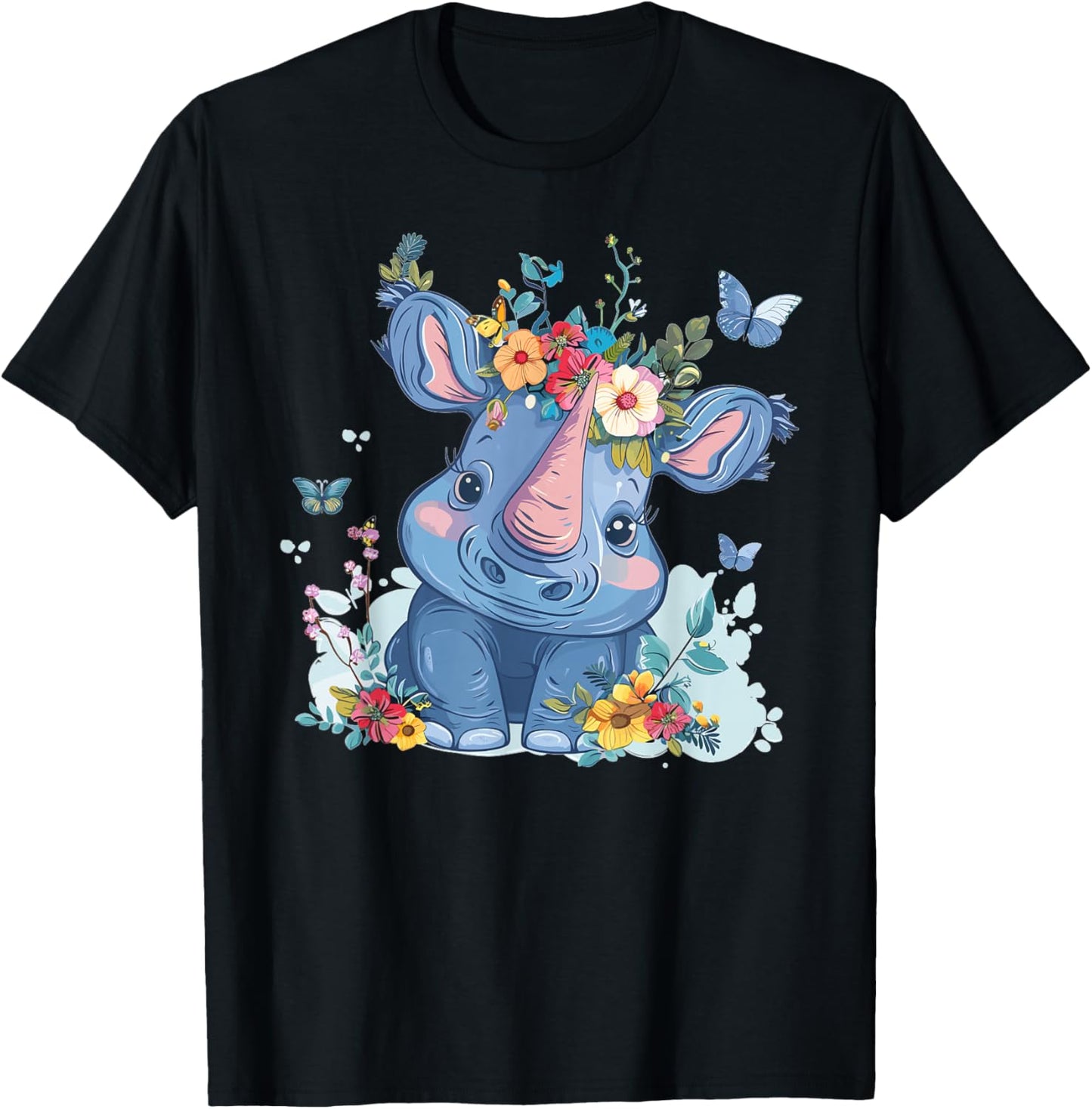 Cute Rhino With Flowers I Kids Rhino T-Shirt - T-Shirt | Black