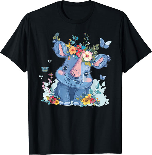 Cute Rhino With Flowers I Kids Rhino T-Shirt - T-Shirt | Black
