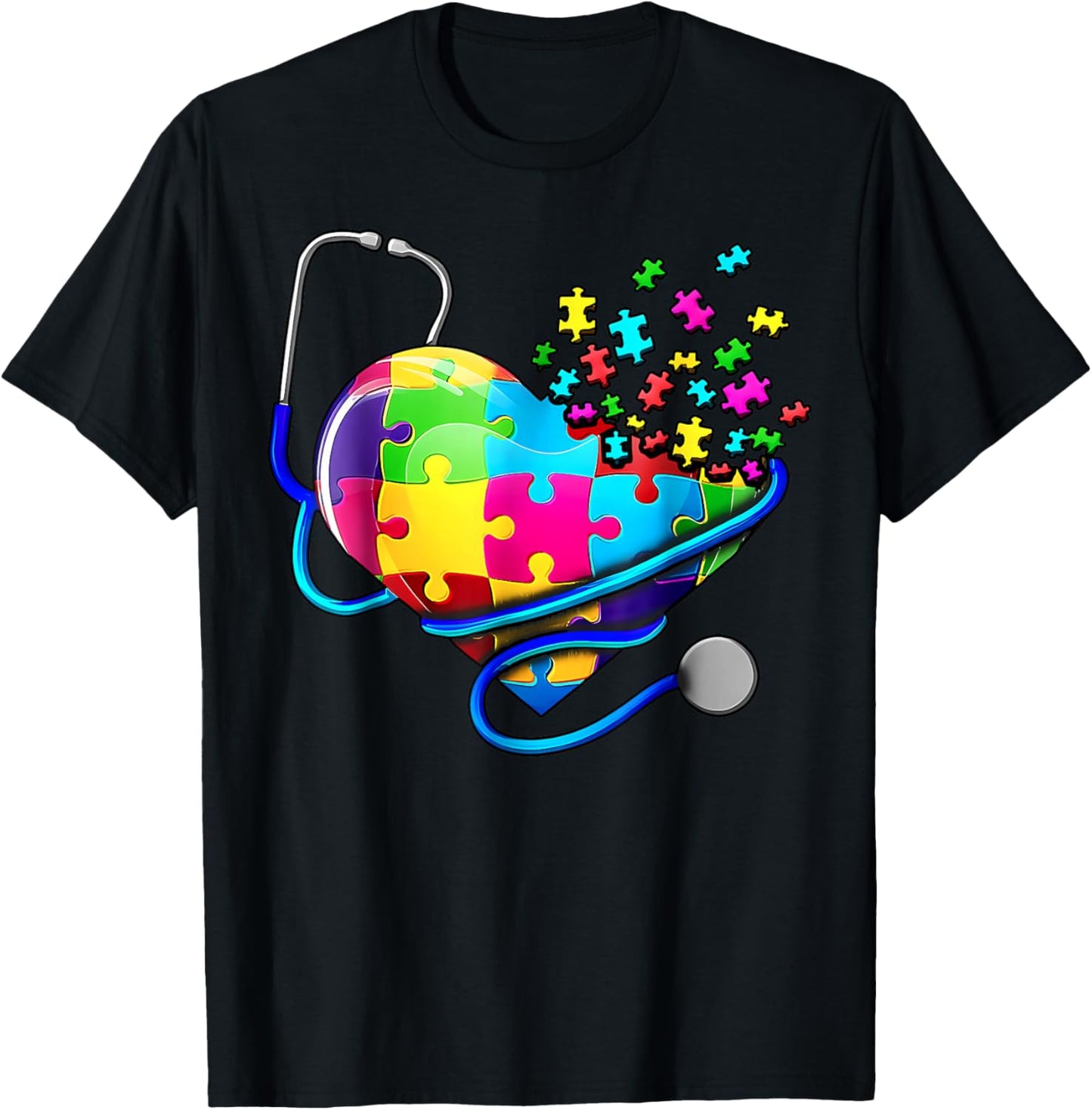 Autism Awareness Nurse Stethoscope Heart ASD Scrub Top Women T-Shirt - T-Shirt | Black