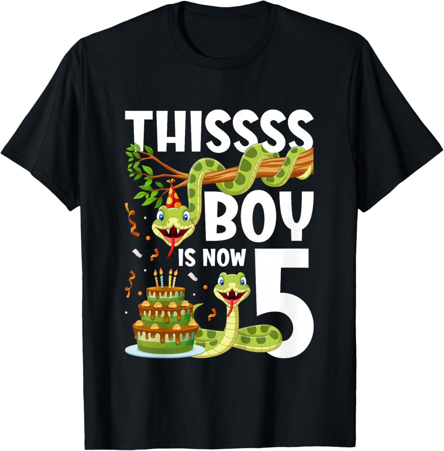 Kids 5th Reptile Birthday 5 Year Old Boy Snake Birthday Party T-Shirt - T-Shirt | Black