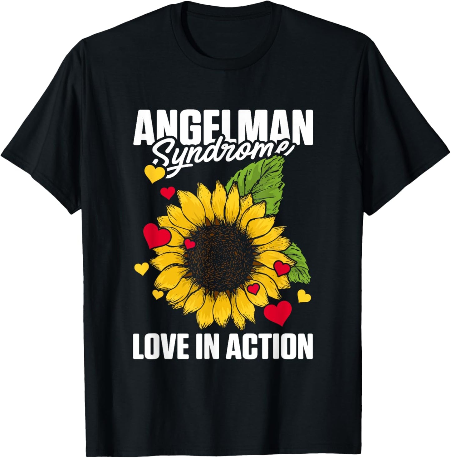 Love In Action Heart Sunflower Graphic Angelman Syndrome T-Shirt - T-Shirt | Black