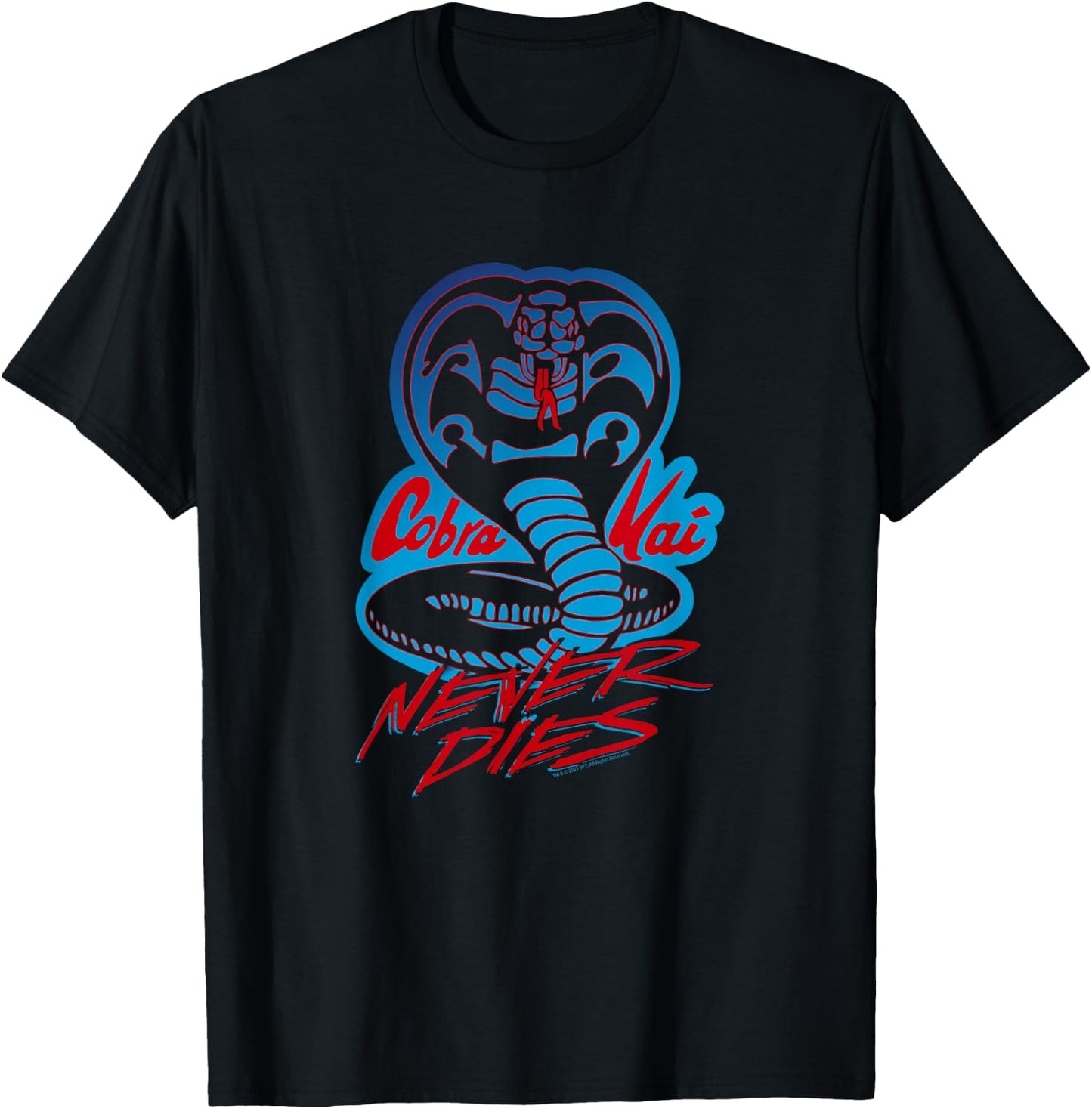 Cobra Kai Never Dies Blue and Red Cobra Logo TV Show T-Shirt - T-Shirt | Black