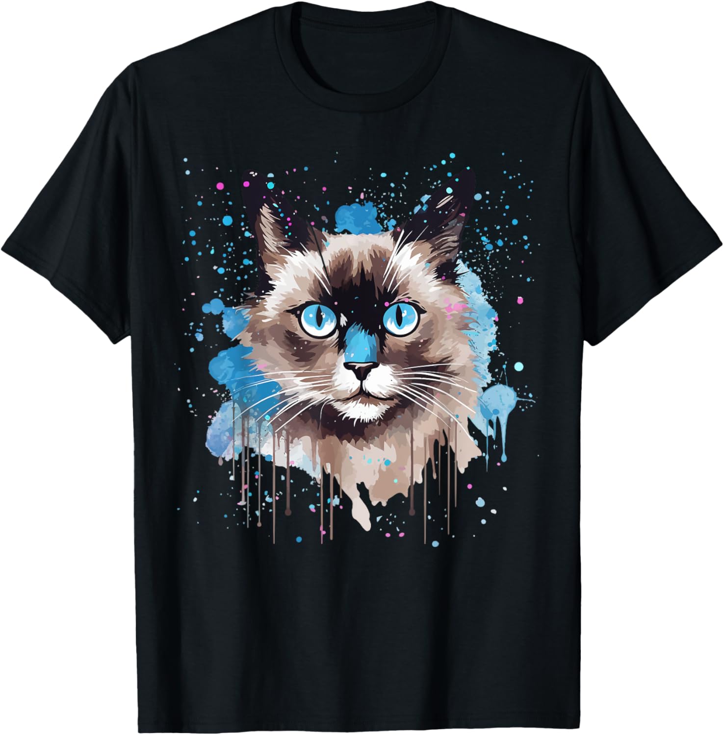 Colorful Splash Art Snowshoe Cat Face Women Kids T-Shirt - T-Shirt | Black