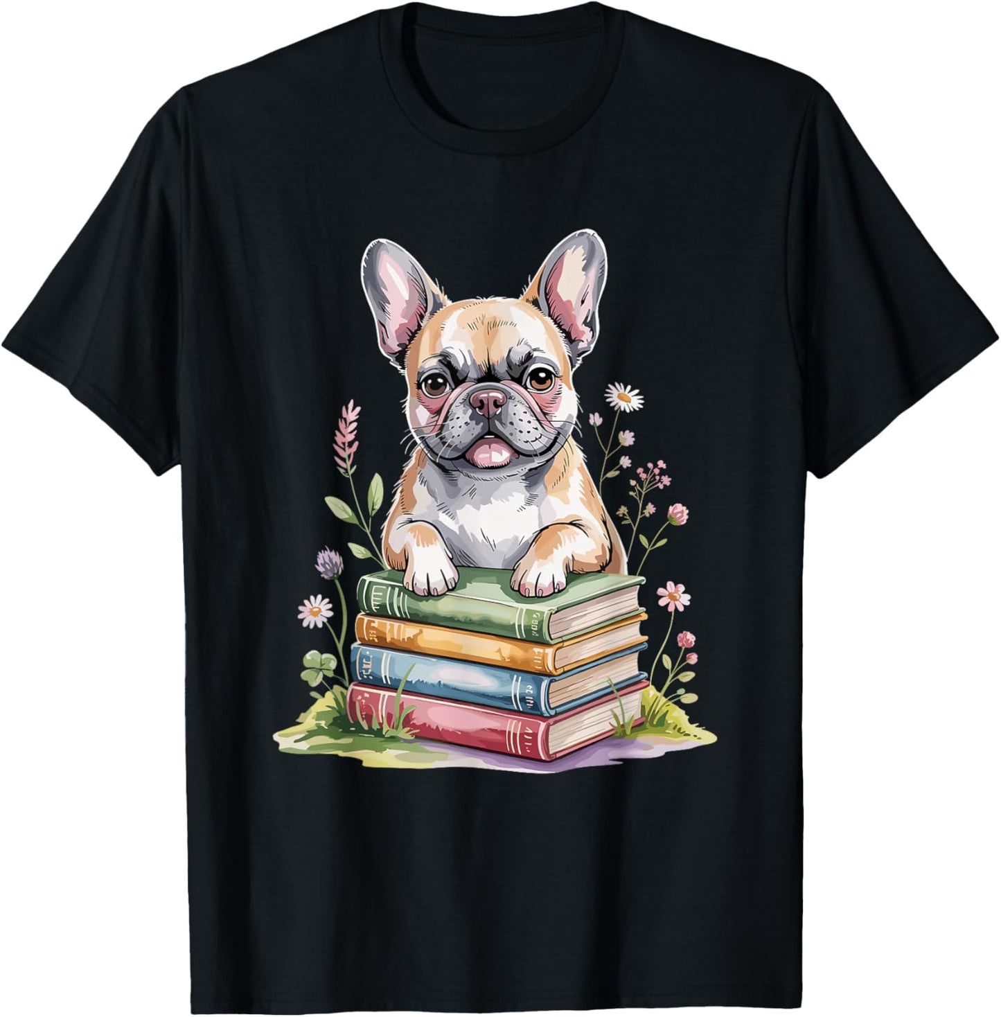 French Bulldog Frenchie Bookworm Flowers Book Reading Books T-Shirt - T-Shirt | Black