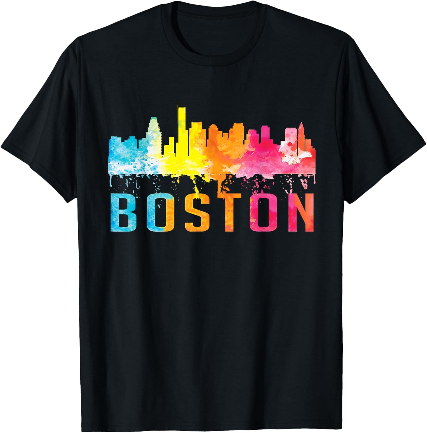 Boston Massachusetts Retro Watercolor Skyline Souvenir T-Shirt - T-Shirt | Black
