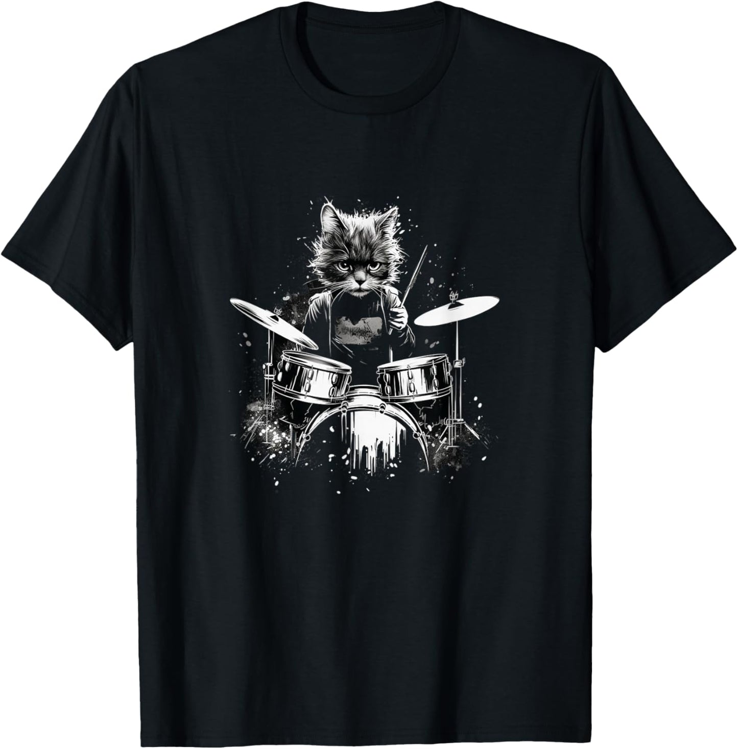 Funny Punk Kitten Kitty Cat Drummer Playing Drums T-Shirt - T-Shirt | Black