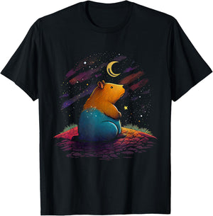 Capybara Moon Space Retro Water Hog Chiguire Guinea Pig T-Shirt - T-Shirt | Black