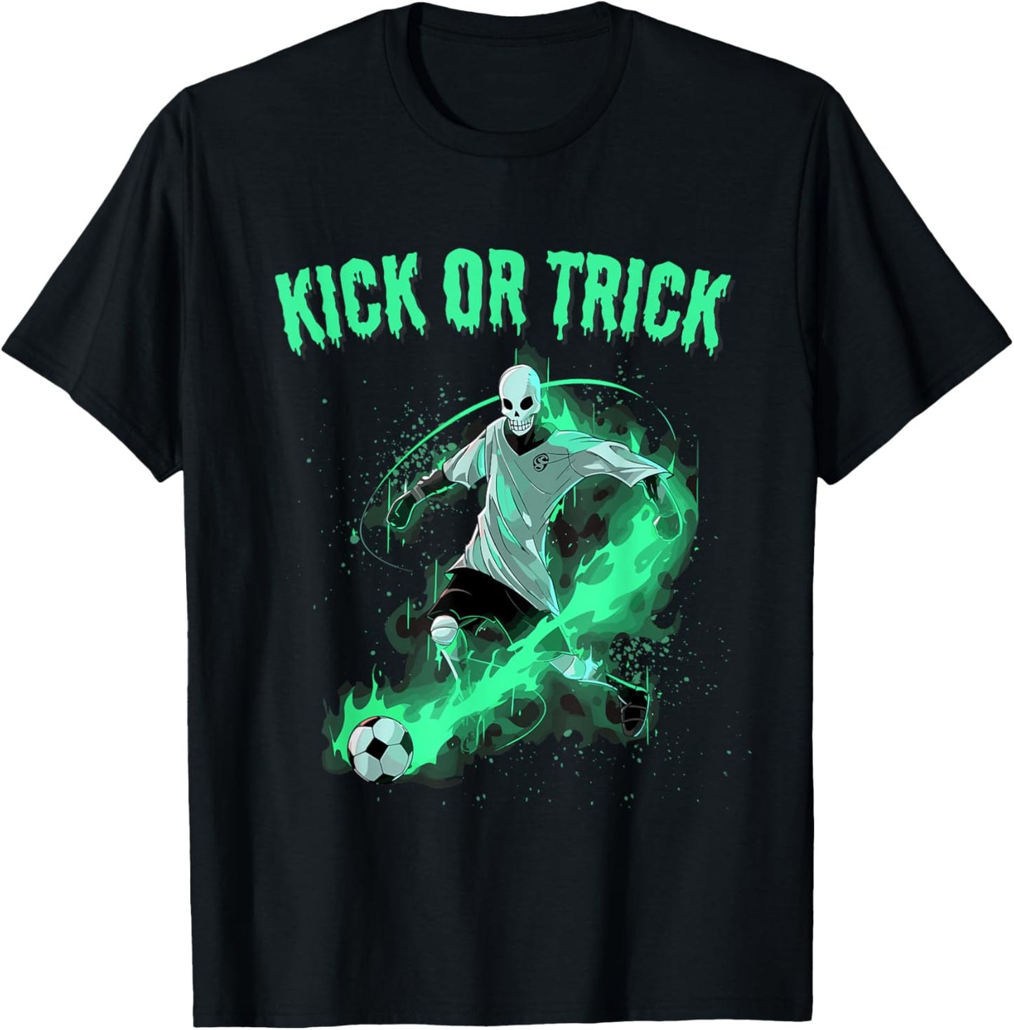 Skeleton Soccer Halloween Kick Or Funny Pun T-Shirt - T-Shirt | Black