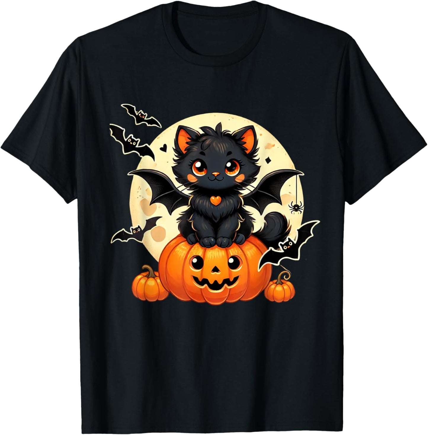 Cute Black Cat With Bat Wings Pumpkin Women Men Halloween T-Shirt - T-Shirt | Black