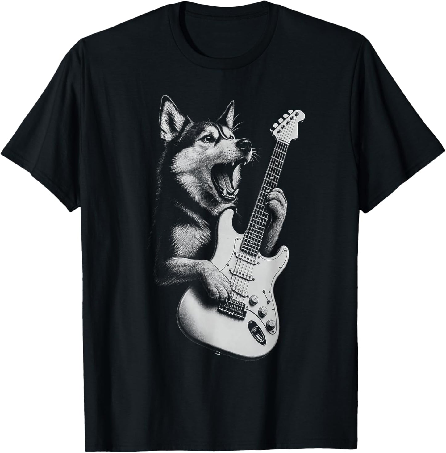 Husky Playing Guitar Rock Music Dog Lover T-Shirt - T-Shirt | Black