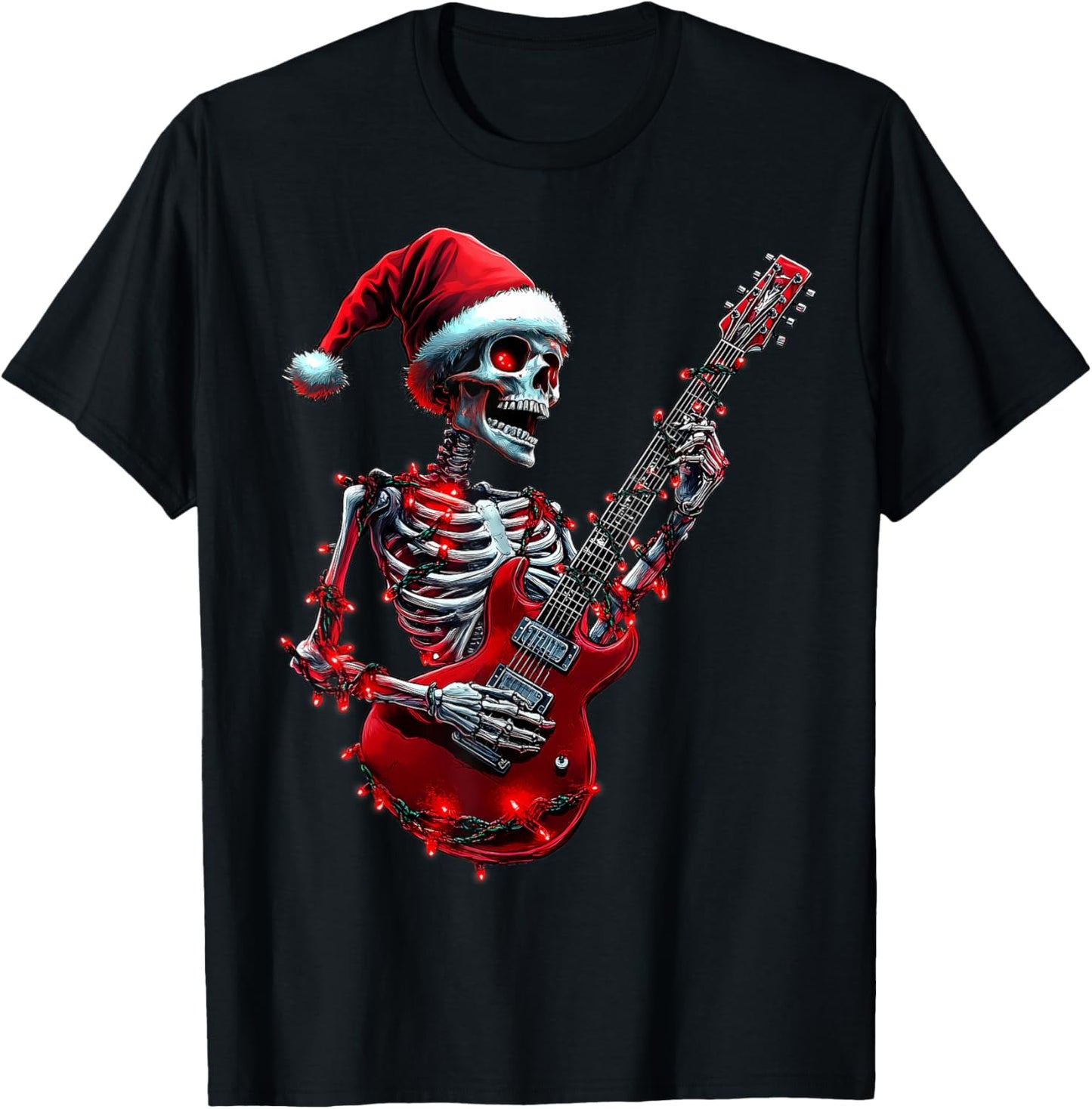 Christmas Skeleton Skull Playing Guitar Rock & Roll Music T-Shirt - T-Shirt | Black