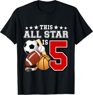 Kids 5 Year Old Sports Star Birthday Party All Sport 5th Gift T-Shirt - T-Shirt | Black